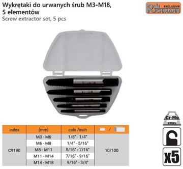 ЭКСТРАКТОРЫ ДЛЯ СЛОМАННЫХ ВИНТОВ M3-M18 C9190 RICHMANN