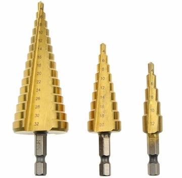WIERTŁA STOPNIOWE STOŻKOWE DO METALU ZESTAW 3 SZTUK 4-32mm HEX