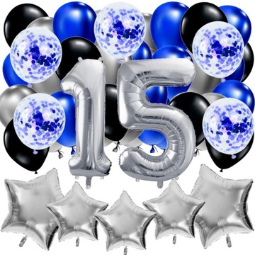 BALONY ZESTAW na 15 URODZINY GWIAZDA 3 KOLOR CYFRA