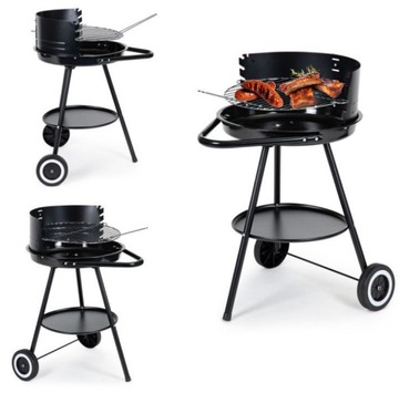 Grill Węglowy Okrągły Na Kółkach Regulowany Ruszt Półka Rączka
