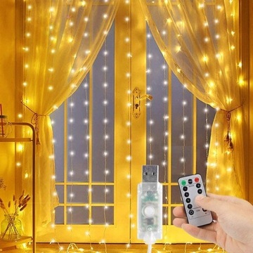 KURTYNA ŚWIETLNA LAMPKI GIRLANDA OKIENNA DRUCIKI 300 LED 3x3m USB + PILOT