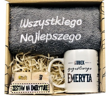 PREZENT NA EMERYTURĘ UPOMINEK ZESTAW RĘCZNIK KUBEK KOŚCI EMERYT EMERYTKA