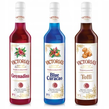 Syrop barmański Victoria do drink kawy Grenadina Blue Curacao Toffi 3x 490