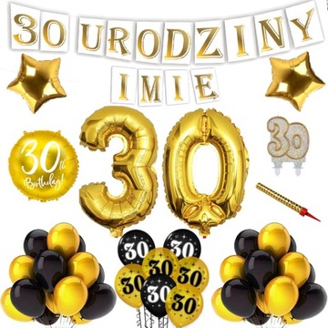 BALONY 30 URODZINY TRZYDZIESTKA BANER BALON IMIĘ