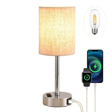 LAMPA STOŁOWA NOCNA PŁÓCIENNY ABAŻUR Z PORTAMI USB + ŻARÓWKA E27