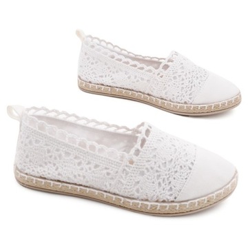 BIAŁE ESPARDYLE DAMSKIE KORONKOWE PÓŁBUTY WSUWANE TENISÓWKI PŁASKIE LEKKIE
