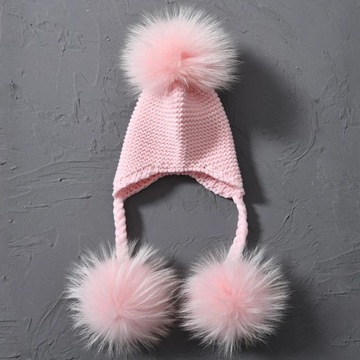 Knitted Baby Hat with Three Real Fur Pompom Children Beanie Boy Girl