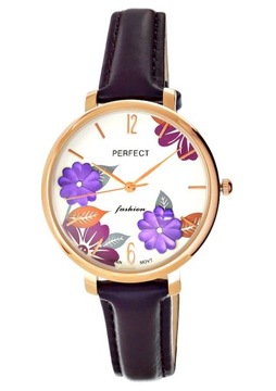 Zegarek Damski PERFECT E323-3 Fioletowy pasek skórzany Biała tarcza Kwiaty