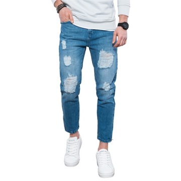 Męskie spodnie jeansowe taper fit z dziurami - niebieskie V3 P1028 XL