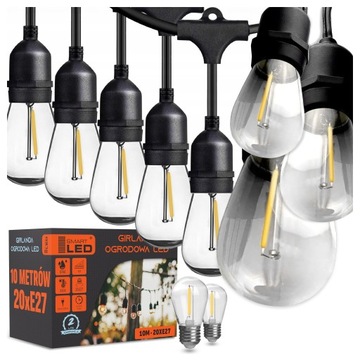 Girlanda Ogrodowa Świetlna 10M 22X Żarówka LED E27 przewód Wodoszczelna