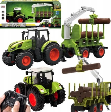 TRAKTOR ZDALNIE STEROWANY Z PRZYCZEPĄ Z DREWNEM BALE GUMOWE KOŁA ZABAWKA RC