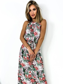 Sukienka MAXI na ramiączka zwiewna wiązanie w pasie na lato w kwiaty modna