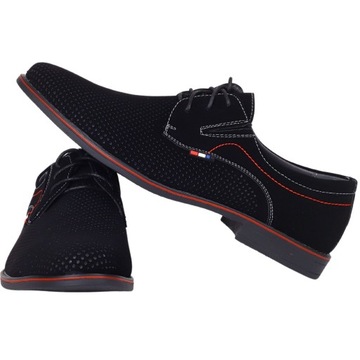 BUTY MĘSKIE PANTOFLE CZARNE AŻUROWE SZNUROWANE WYGODNE ELEGANCKIE SZYTE
