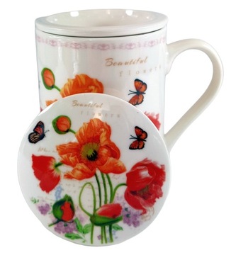 KUBEK Z ZAPARZACZEM CERAMICZNYM I POKRYWKĄ ZAPARZACZ W KWIATY 320ML PREZENT