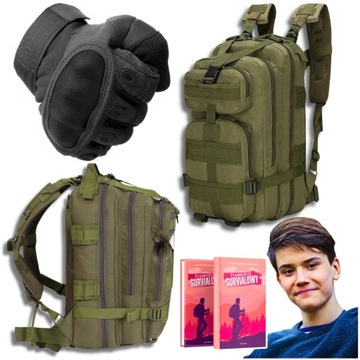 Zestaw Podróżny 2w1 Plecak Khaki Sportowy 35L Rękawice Ochronne Czarne r. L