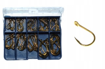 Haczyki wędkarskie z oczkiem z zadziorem złote w pudełku zestaw