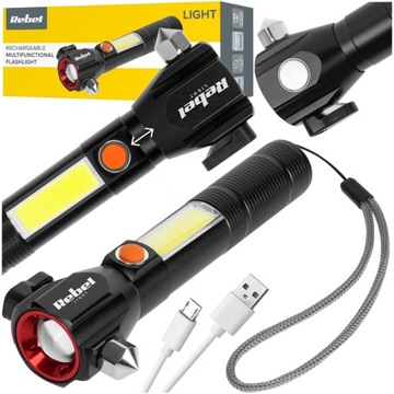 SAMOCHODOWA LATARKA LED ZOOM AKU USB MŁOTEK NÓŻ