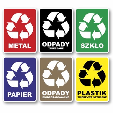 Naklejka na kosz 15x20cm Odpady Segregacja Śmieci 6 szt Recykling Zestaw