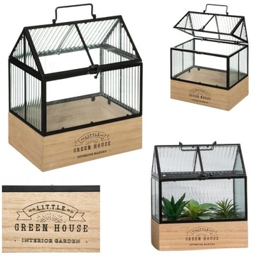 MINI SZKLARNIA MINISZKLARENKA NA ZIOŁA SZKLANA DREWNIANA PODSTAWA TERRARIUM