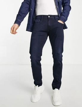 REPLAY ANBASS Granatowe dopasowane jeansy Slim Stretch spodnie W38 L32