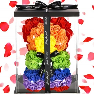 МЕДВЕДЬ С РОЗАМИ 30 СМ РОЗА МИШКА С ЛЕТЕСТЯМИ РОЗ БАНТ ПОДАРОЧНАЯ КОРОБКА+20LED