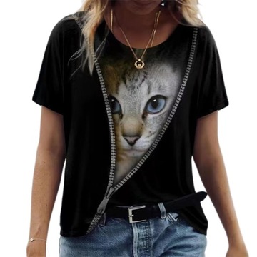 T-SHIRT DAMSKI KOSZULKA WZÓR 3D KOTEK FULLPRINT