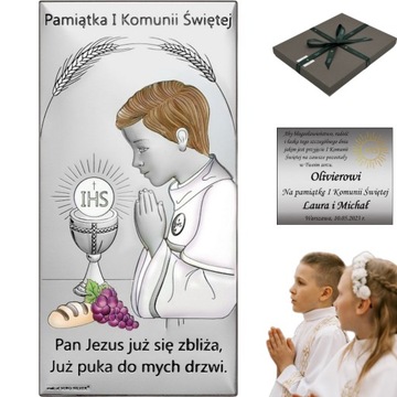 PAMIĄTKA KOMUNII ŚWIĘTEJ Srebrny Obrazek na Komunię dla chłopca z grawerem