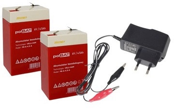 ZESTAW DO AUTKA 2x AKUMULATOR VRLA AGM 6V 4.5Ah + ładowarka LED 6V 1A