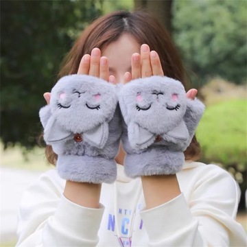 Winter Cat Rabbit Mittens Fingerless Gloves Thick Soft Plush Winter Warm