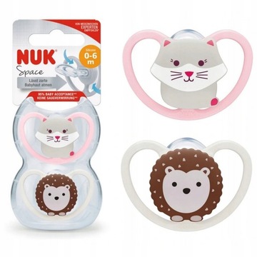 NUK Smoczek Uspokajający SPACE Silikonowy 0-6m + Etui Kotek Jeżyk Róż 2 szt