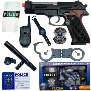 ZESTAW PISTOLET POLICYJNY STRÓJ POLICJANTA DLA DZIECI Z POLSKIMI KOMENDAMI