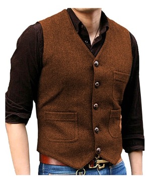 Men's Suit Formal V Neck Wool Herringbone Tweed Ca