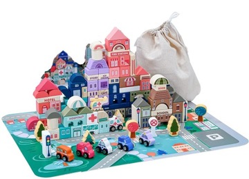 НАБОР ЦВЕТНЫХ ДЕРЕВЯННЫХ БЛОКОВ ГОРОДСКОЙ АВТОМОБИЛЬ ГРУЗОВИК 115 БЛОКОВ + ЗАГАДКА