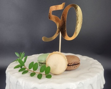 Topper na tort złoty 50, złote lustro, 50 urodziny