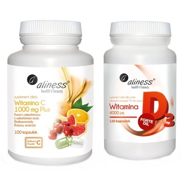 Witamina C 1000 mg 100 kap + D3 4000 IU 120 kap Odporność Zmęczenie ALINESS