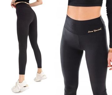 LEGINSY Legginsy Getry PRĄŻEK WYSOKI STAN Z NAPISEM BAMBUS FIT S/M