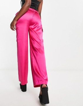 Miss Selfridge NH2 gup różowe satynowe spodnie kieszenie wysoki stan M