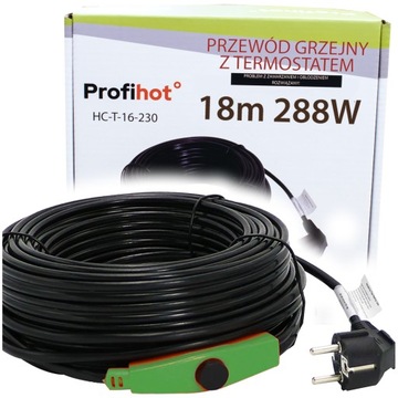 KABEL GRZEWCZY PRZEWÓD GRZEJNY Z TERMOSTATEM do rynny rur 230V | 288W | 18M