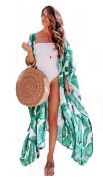 PAREO ZIELONE LIŚCIE PRINT NARZUTKA NA STRÓJ MAXI