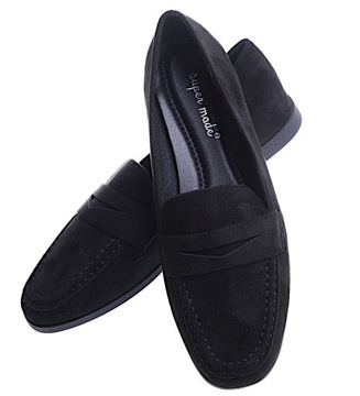 CZARNE BALERINKI BUTY DAMSKIE MOKASYNY LORDSY Z ZAMSZU 15466 38