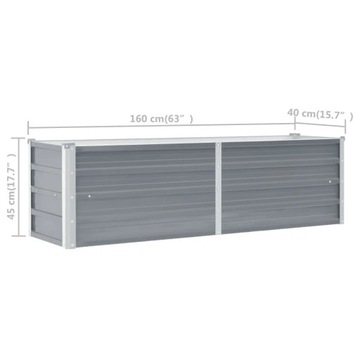 Цветочный горшок VidaXL 160 см x 40 x 45 см, металлический, оттенки серого и серебристого.