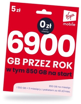 Starter Internetowy na kartę Virgin Mobile Karta SIM 6900 GB na ROK