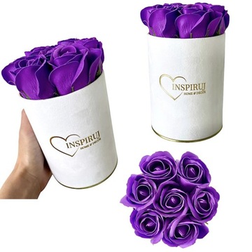 FLOWERBOX Z KWIATAMI MYDLANYMI PREZENT KWIATY RÓŻE MYDLANE WELUROWE PUDEŁKO