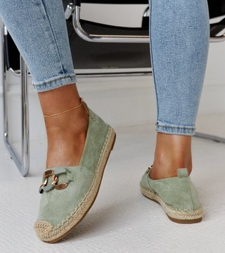 Hers Espadryle damskie zielone z łańcuchem eko zamsz r. 38