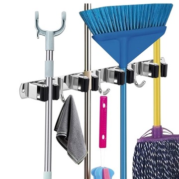 WIESZAK UCHWYT NA NARZĘDZIA MIOTŁY MOP GRABIE 4 WSPORNIKI I 5 HACZYKÓW 2PCS