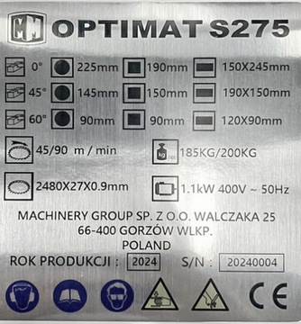 Пила ленточная по металлу с охлаждением 400В OPTIMAT S-275 225мм