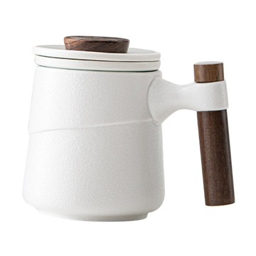 Ceramiczny kubek do herbaty z pokrywką z filtrem Drewniany uchwyt Biały