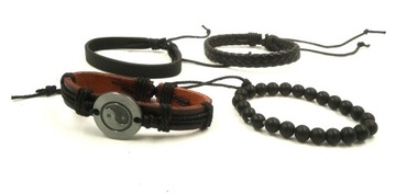 4 Bransoletki Męskie Bransoletka Yin Yang regulowane czarne Tao Azja skóra