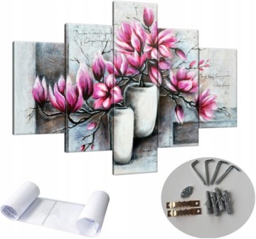 OBRAZ NA ŚCIANĘ TRYPTYK DO SALONU MAGNOLIE KWIATY PUDROWY RÓŻ