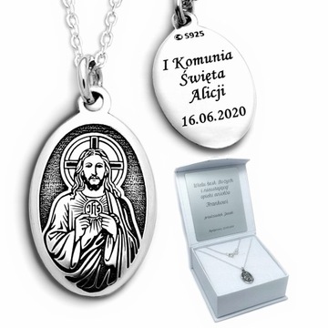Łańcuszek srebrny Medalik Chrzest Komunia +Grawer
